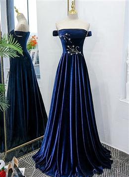 Picture of Blue Velvet Beaded Elegant Off Shoulder Evening Dresses, Blue Long Prom Dresses Party Dresses